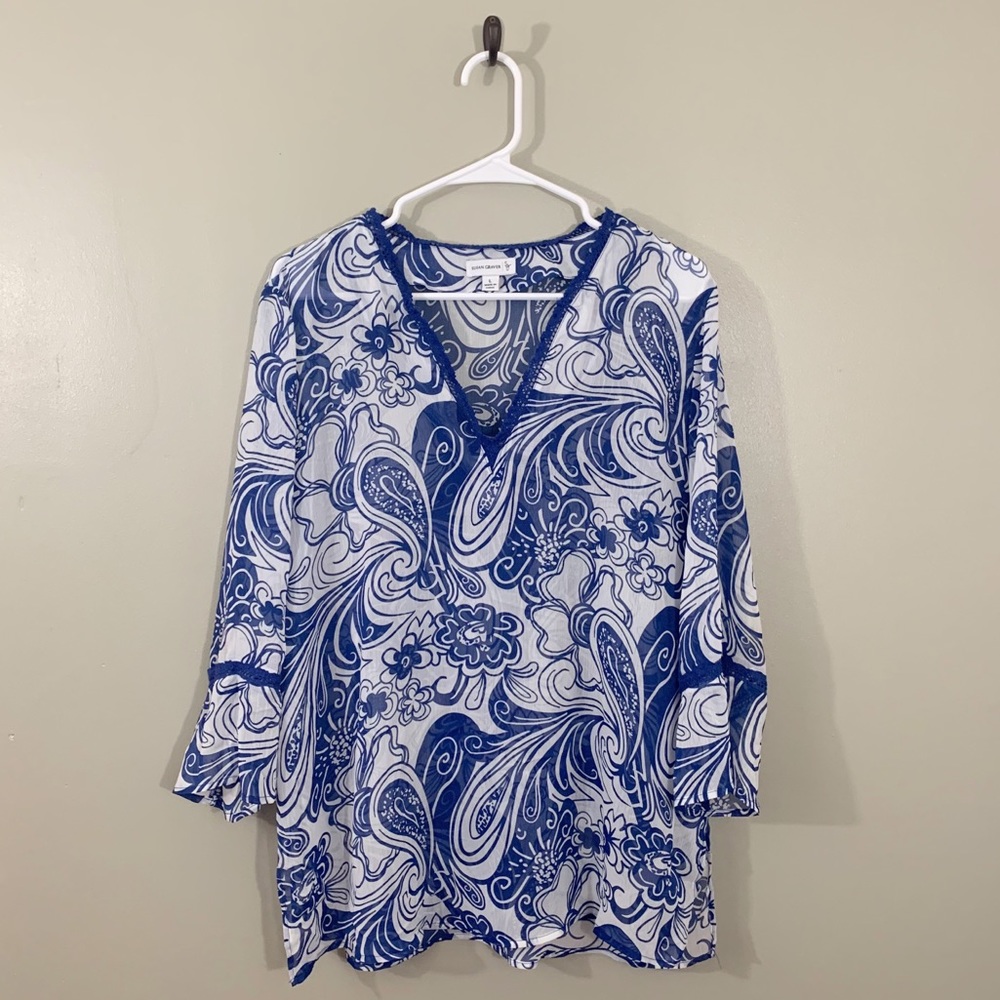 Susan Graver Blue and White Tunic Top/Swim Top